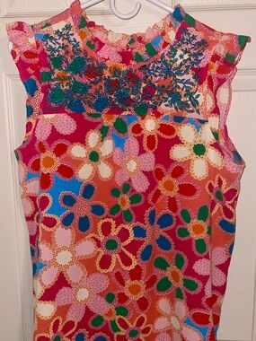 Vibrant Floral Sleeveless Blouse with Embroidered Yoke